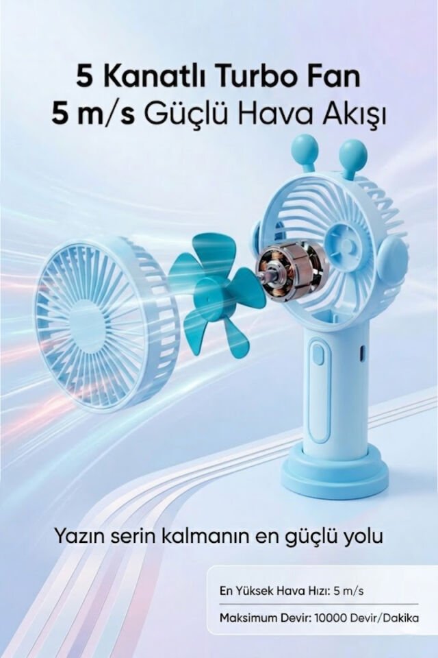 Sevimli Kulak Tasarımlı Şarjlı Mini Fan Mavi