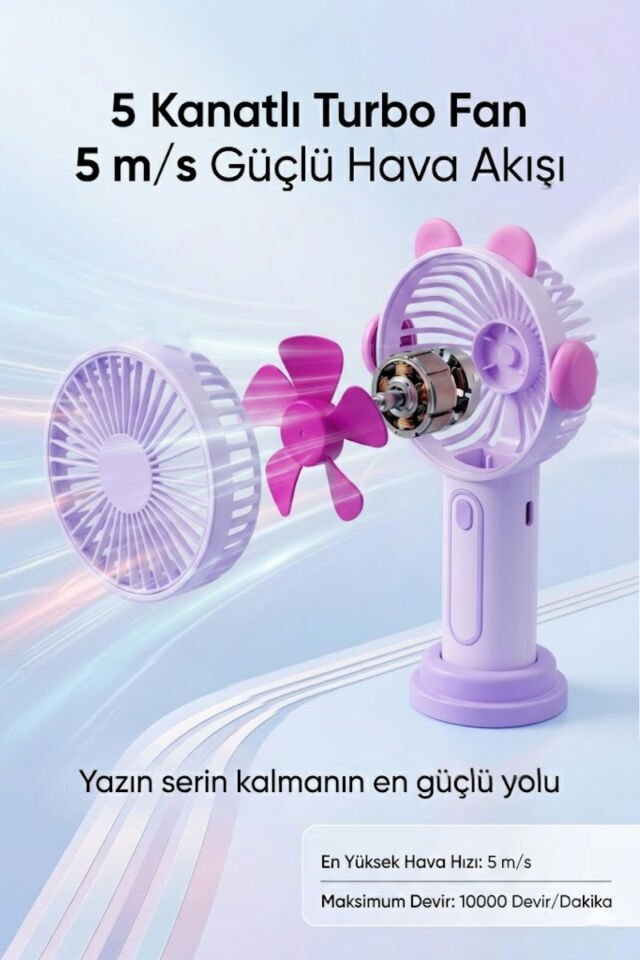 Sevimli Kulak Tasarımlı Şarjlı Mini Fan mor