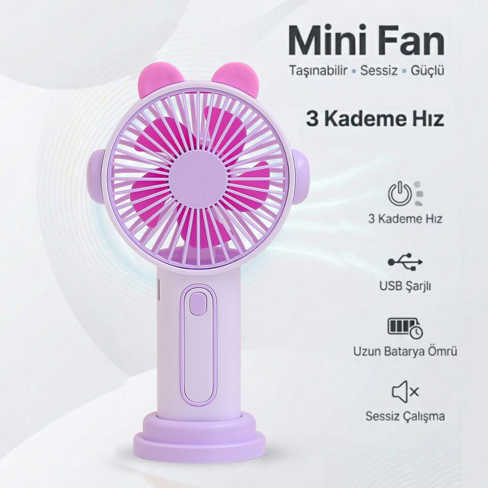 Sevimli Kulak Tasarımlı Şarjlı Mini Fan mor