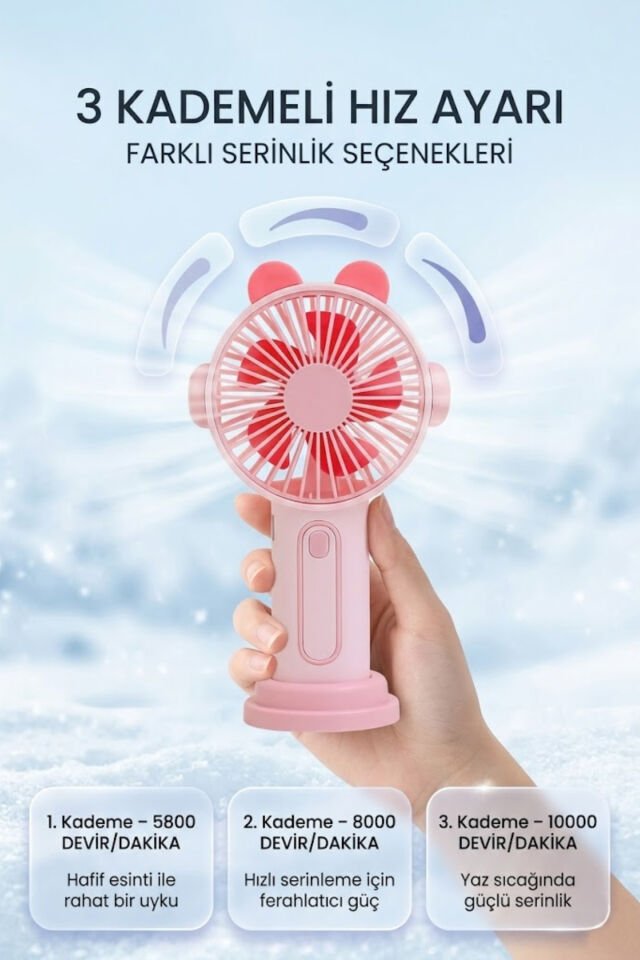 Sevimli Kulak Tasarımlı Şarjlı Mini Fan pembe