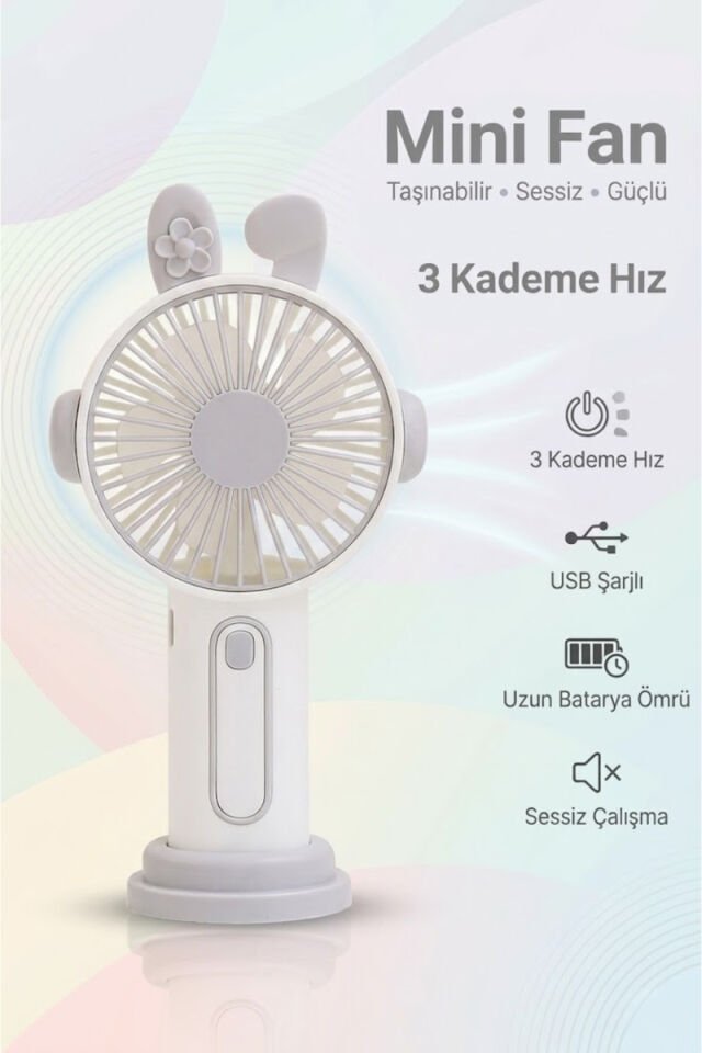 Sevimli Kulak Tasarımlı Şarjlı Mini Fan Gri