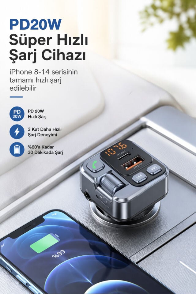 20W PD Hızlı Şarjlı Bluetooth FM Transmitter