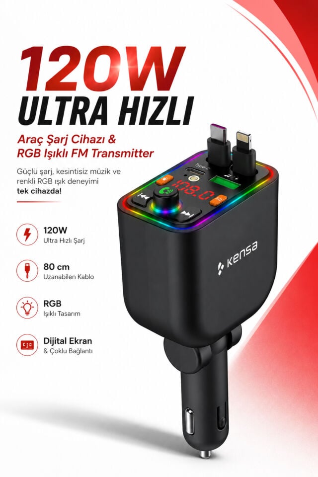 120W Bluetooth FM Transmitter Geri Çekilebilir Kablolu