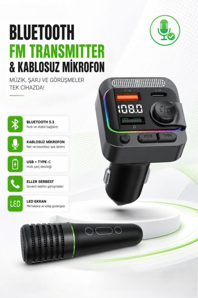 Bluetooth 5.3 Karaoke Mikrofonlu FM Transmitter