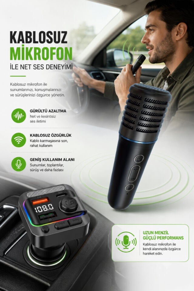 Bluetooth 5.3 Karaoke Mikrofonlu FM Transmitter