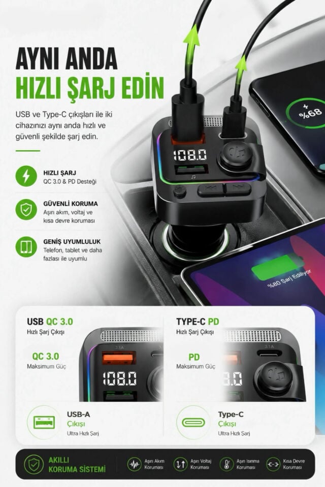 Bluetooth 5.3 Karaoke Mikrofonlu FM Transmitter