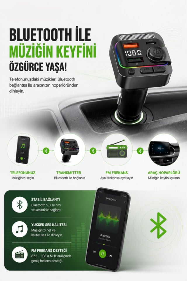 Bluetooth 5.3 Karaoke Mikrofonlu FM Transmitter