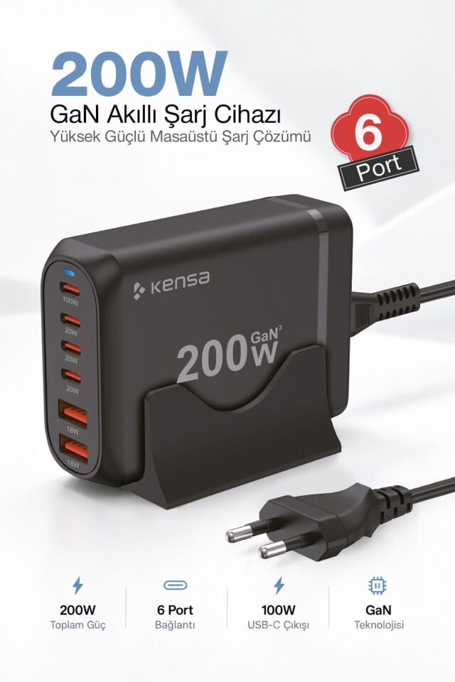 200W 6 Port GaN Pro Masaüstü Hızlı Şarj Adaptörü