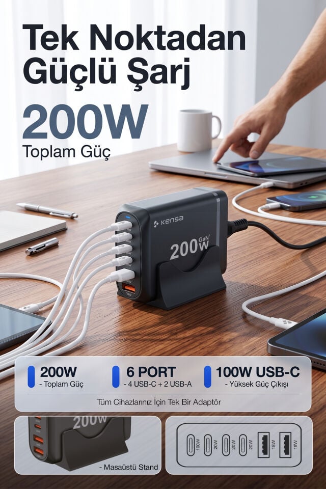 200W 6 Port GaN Pro Masaüstü Hızlı Şarj Adaptörü