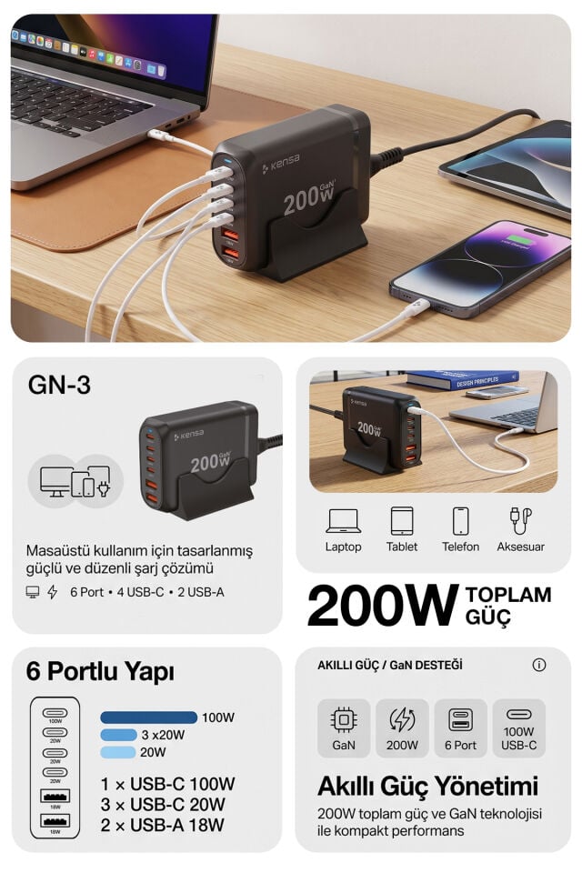 200W 6 Port GaN Pro Masaüstü Hızlı Şarj Adaptörü