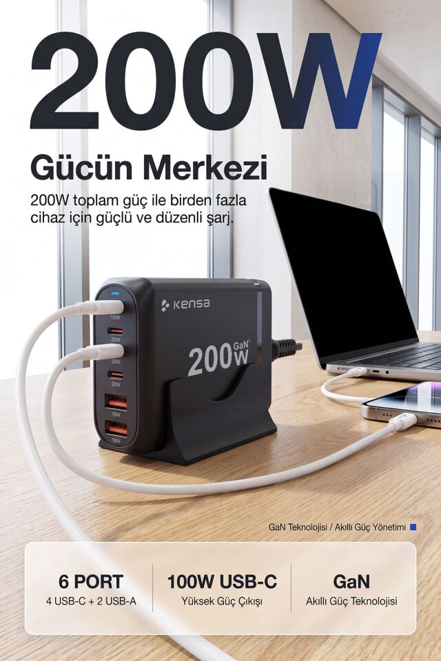 200W 6 Port GaN Pro Masaüstü Hızlı Şarj Adaptörü