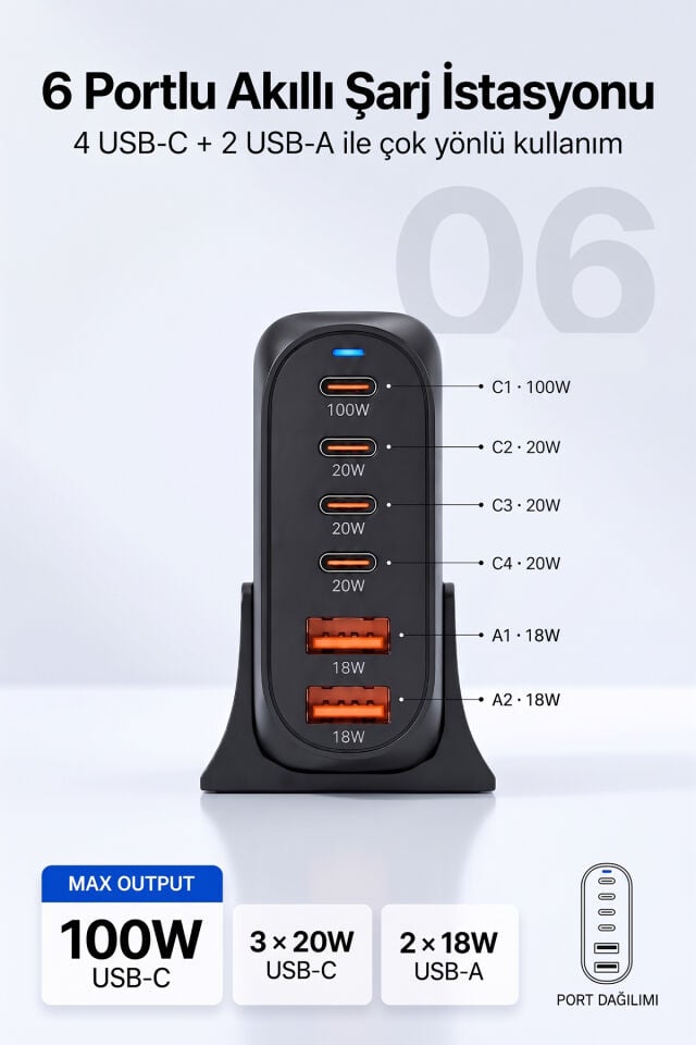 200W 6 Port GaN Pro Masaüstü Hızlı Şarj Adaptörü