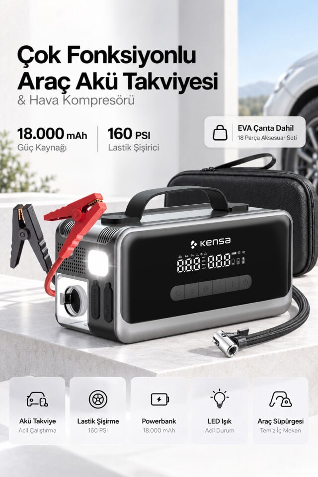 18.000 mAh Çok Fonksiyonlu Araç Akü Takviye Cihazı, 160 PSI Hava Kompresörü ve Powerbank