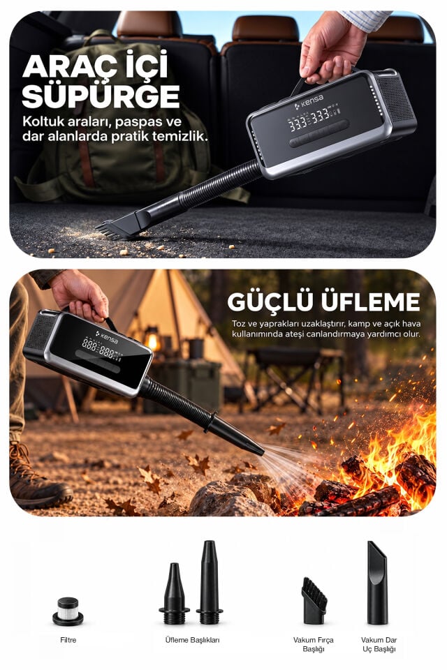 18.000 mAh Çok Fonksiyonlu Araç Akü Takviye Cihazı, 160 PSI Hava Kompresörü ve Powerbank