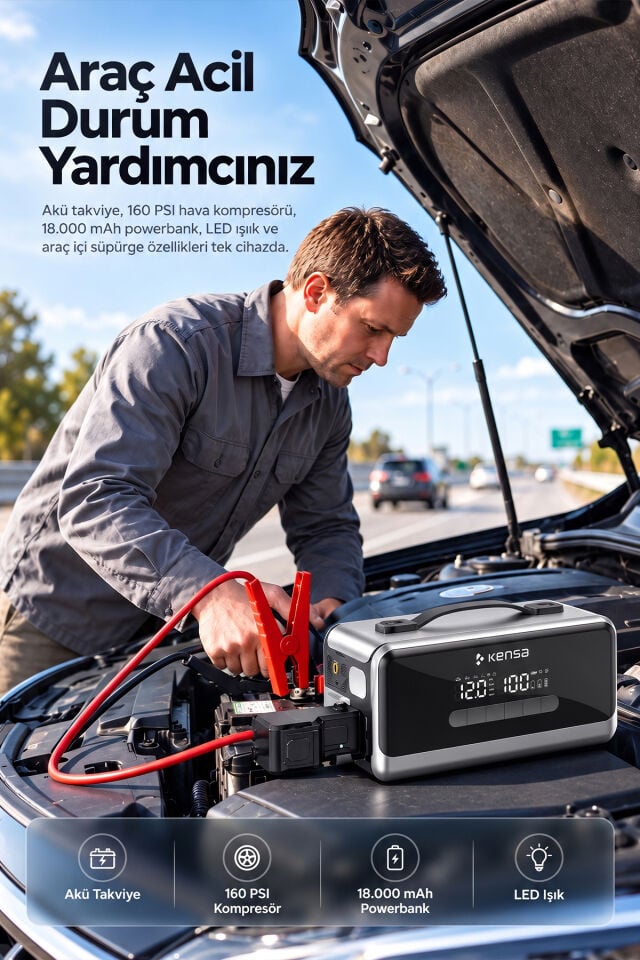 18.000 mAh Çok Fonksiyonlu Araç Akü Takviye Cihazı, 160 PSI Hava Kompresörü ve Powerbank