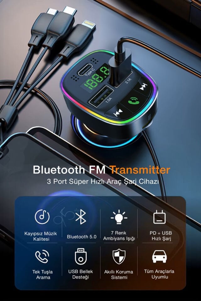 Bluetooth FM Transmitter & Hızlı Araç Şarj Kiti