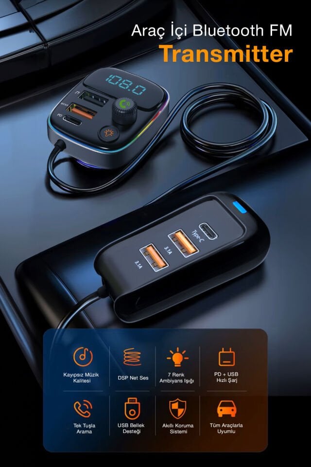 Bluetooth FM Transmitter & Hızlı Araç Şarj Kiti