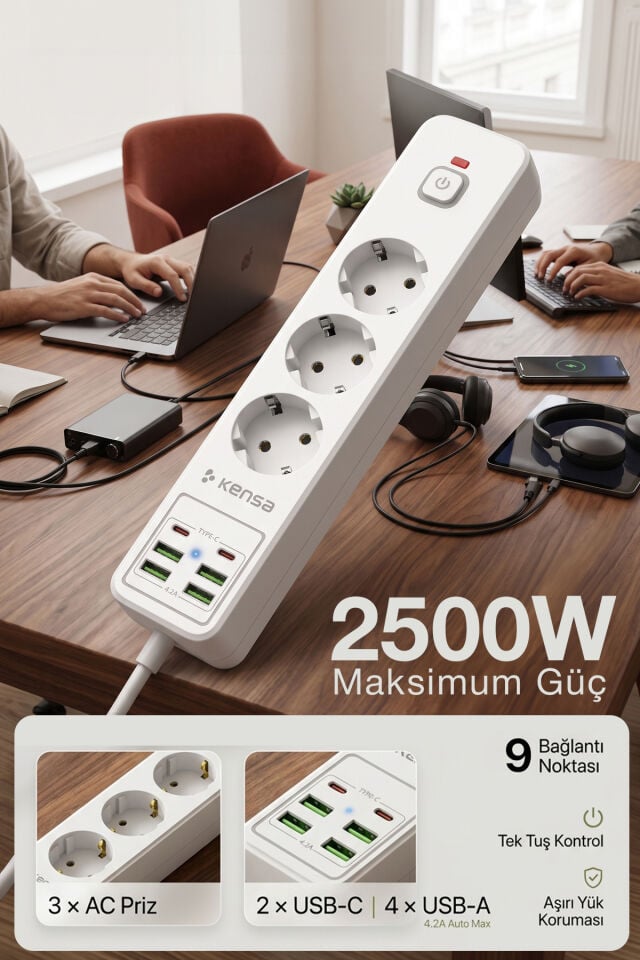 2500W 3 AC + 6 USB Akım Korumalı Çoklu Priz ve Şarj İstasyonu