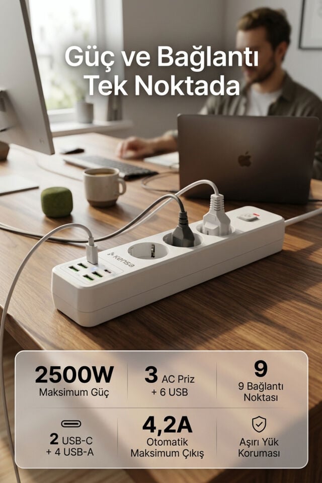 2500W 3 AC + 6 USB Akım Korumalı Çoklu Priz ve Şarj İstasyonu