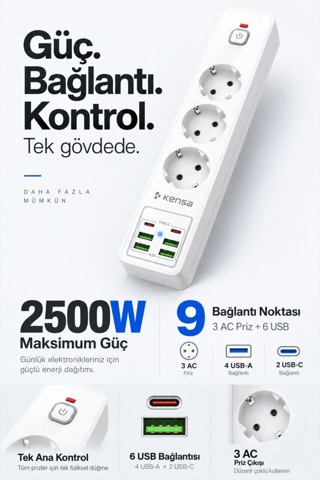 2500W 3 AC + 6 USB Akım Korumalı Çoklu Priz ve Şarj İstasyonu