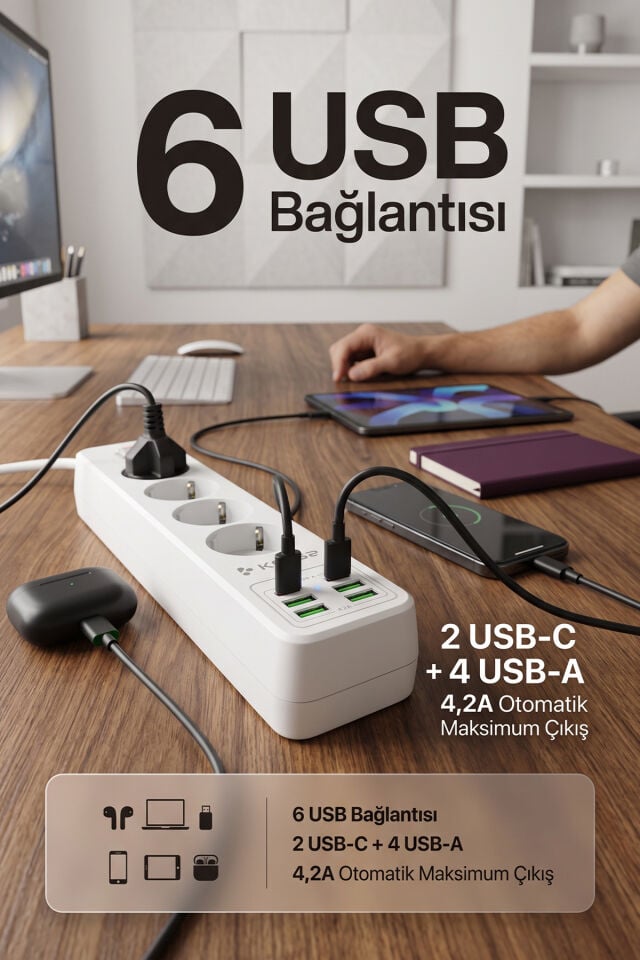 2500W 3 AC + 6 USB Akım Korumalı Çoklu Priz ve Şarj İstasyonu