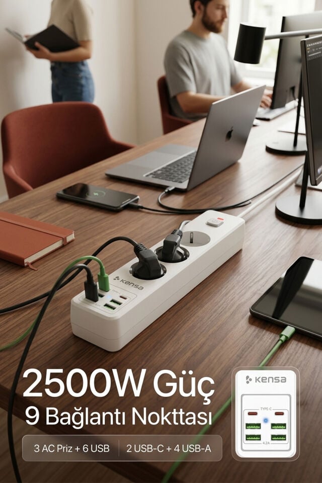 2500W 3 AC + 6 USB Akım Korumalı Çoklu Priz ve Şarj İstasyonu