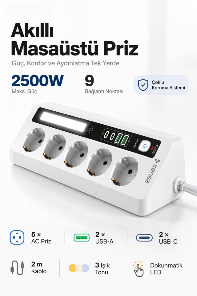2500W 5 AC + 4 USB LED Aydınlatmalı Akım Korumalı Masaüstü Çoklu Priz