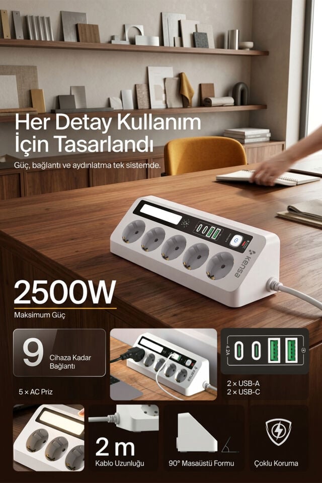 2500W 5 AC + 4 USB LED Aydınlatmalı Akım Korumalı Masaüstü Çoklu Priz
