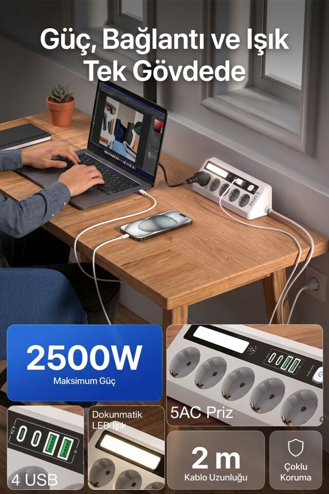 2500W 5 AC + 4 USB LED Aydınlatmalı Akım Korumalı Masaüstü Çoklu Priz