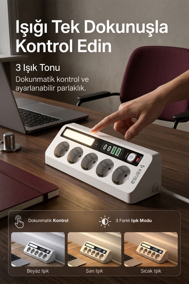 2500W 5 AC + 4 USB LED Aydınlatmalı Akım Korumalı Masaüstü Çoklu Priz