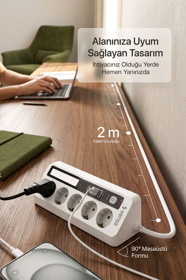 2500W 5 AC + 4 USB LED Aydınlatmalı Akım Korumalı Masaüstü Çoklu Priz