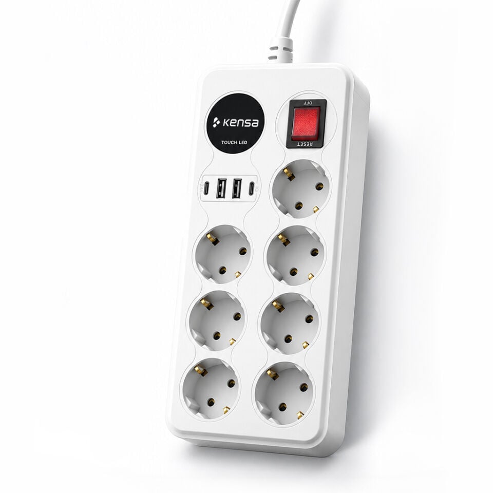 2500W 7 AC + 4 USB Dokunmatik LED’li Akım Korumalı Çoklu Priz