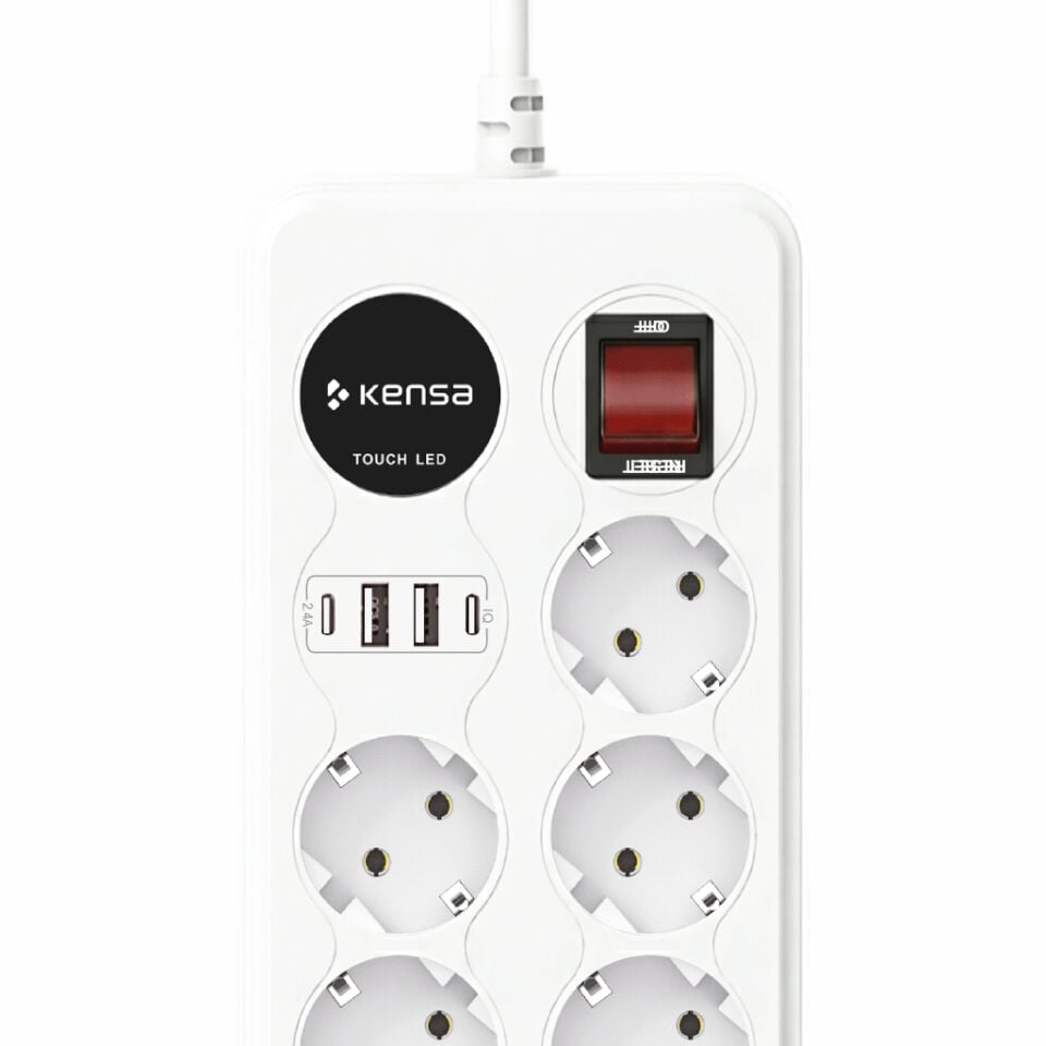 2500W 7 AC + 4 USB Dokunmatik LED’li Akım Korumalı Çoklu Priz