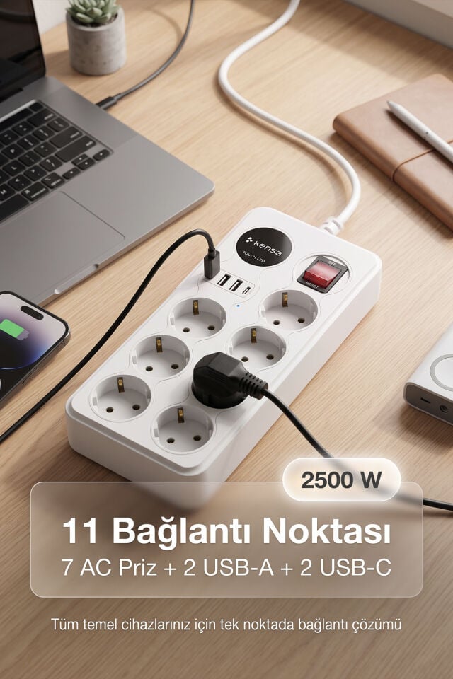 2500W 7 AC + 4 USB Dokunmatik LED’li Akım Korumalı Çoklu Priz