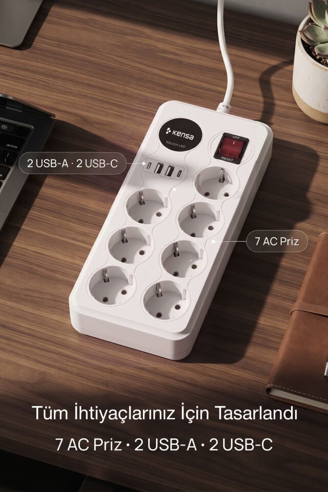 2500W 7 AC + 4 USB Dokunmatik LED’li Akım Korumalı Çoklu Priz