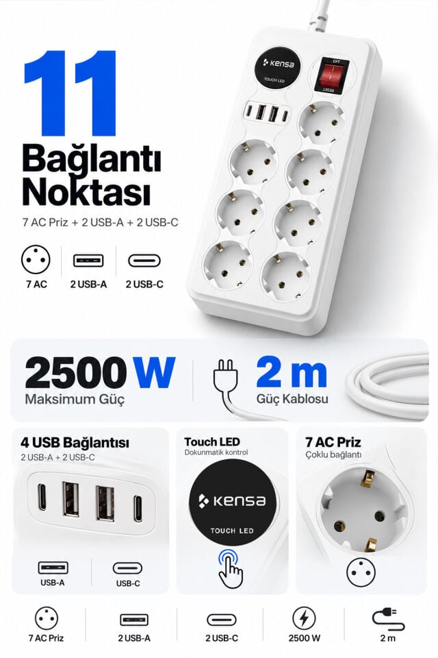 2500W 7 AC + 4 USB Dokunmatik LED’li Akım Korumalı Çoklu Priz