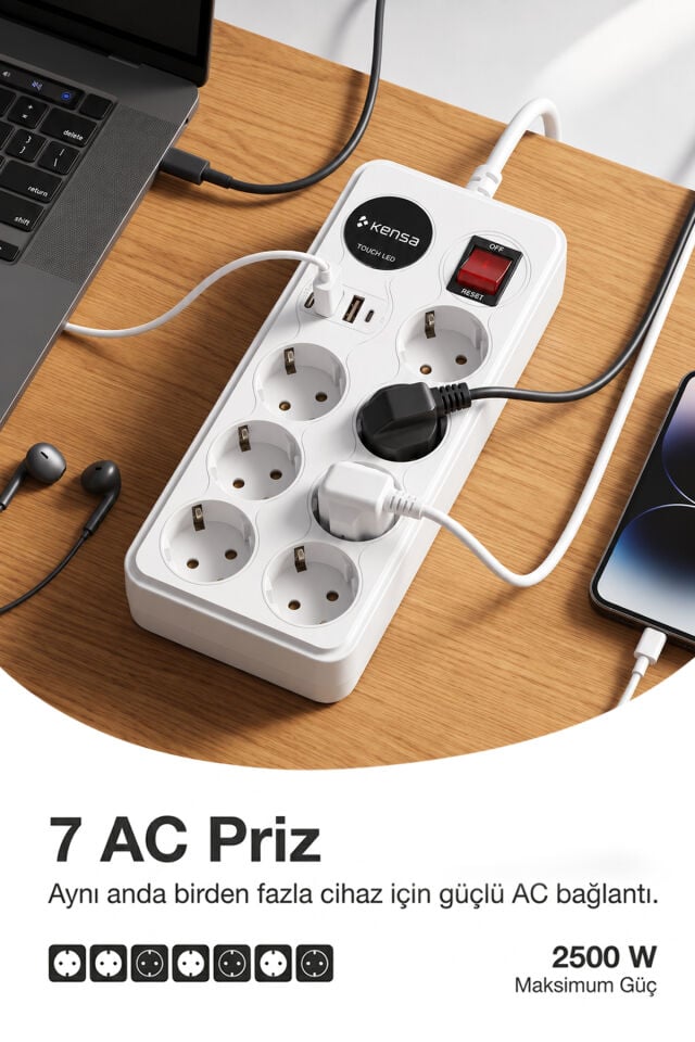 2500W 7 AC + 4 USB Dokunmatik LED’li Akım Korumalı Çoklu Priz