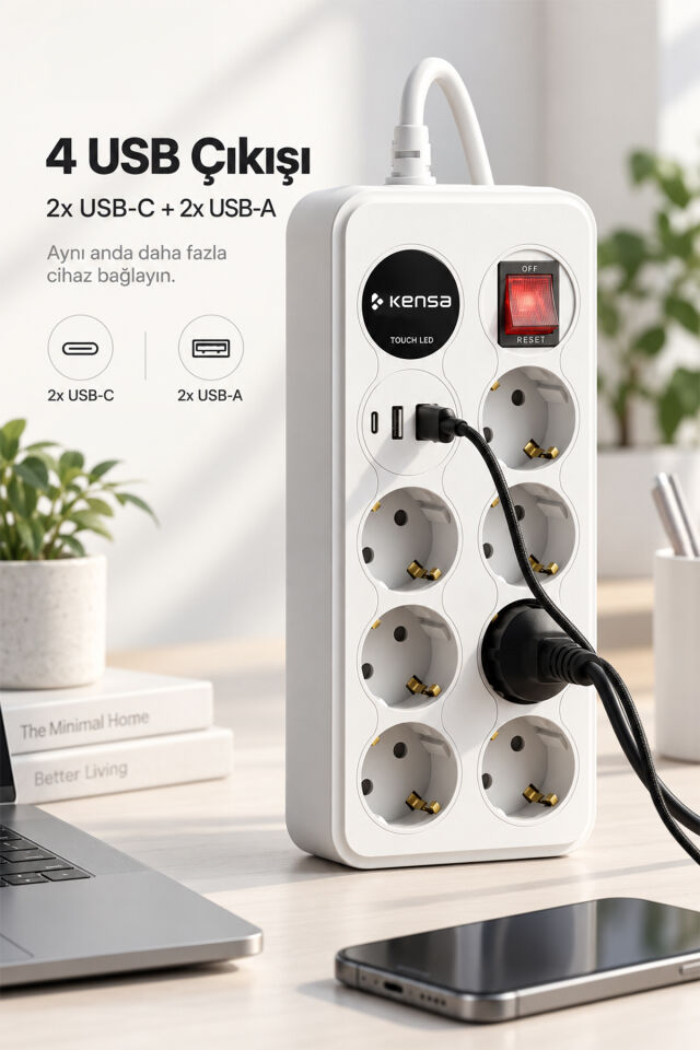 2500W 7 AC + 4 USB Dokunmatik LED’li Akım Korumalı Çoklu Priz