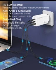 GN-2 (2xUsb-C 1xUsb-A ) 65W GaN3 Pro Süper Hızlı Şarj Başlığı