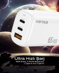 GN-2 (2xUsb-C 1xUsb-A ) 65W GaN3 Pro Süper Hızlı Şarj Başlığı