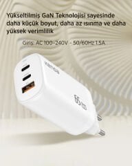 GN-2 (2xUsb-C 1xUsb-A ) 65W GaN3 Pro Süper Hızlı Şarj Başlığı