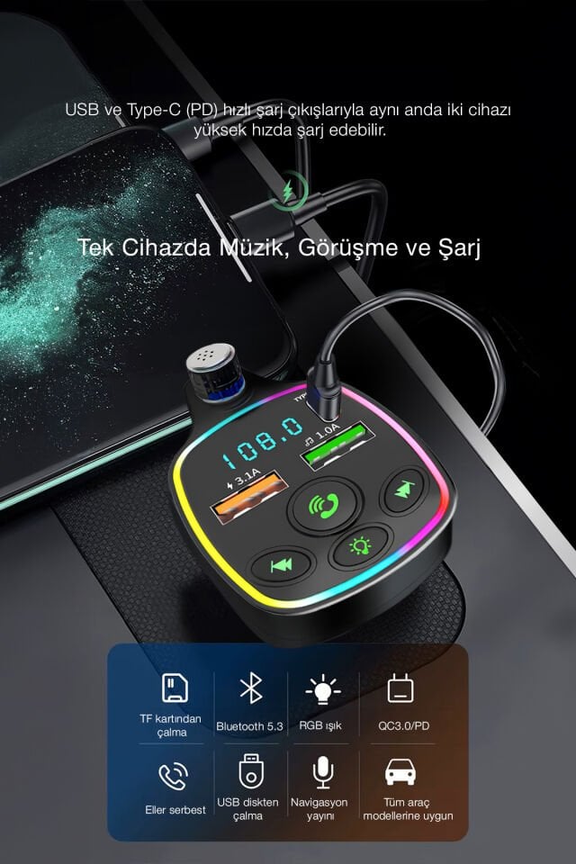 Bluetooth FM Transmitter - PD 3.0 Hızlı Şarj Destekli Araç Kiti