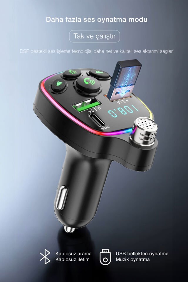 Bluetooth FM Transmitter - PD 3.0 Hızlı Şarj Destekli Araç Kiti