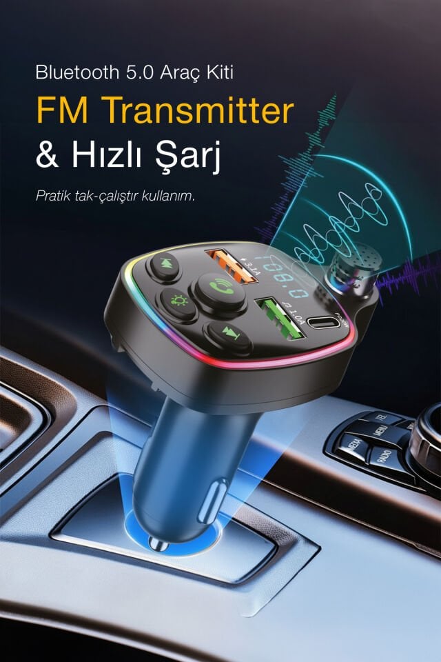 Bluetooth FM Transmitter - PD 3.0 Hızlı Şarj Destekli Araç Kiti