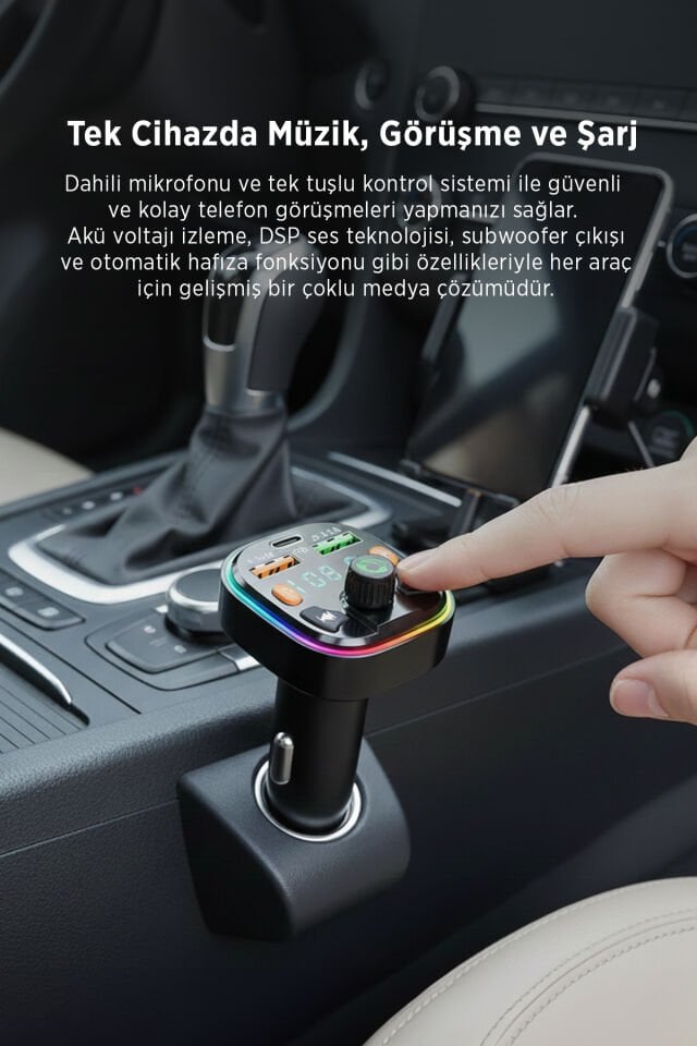 Bluetooth FM Transmitter Araç İçi Hızlı Şarj Adaptörü