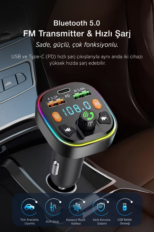 Bluetooth FM Transmitter Araç İçi Hızlı Şarj Adaptörü