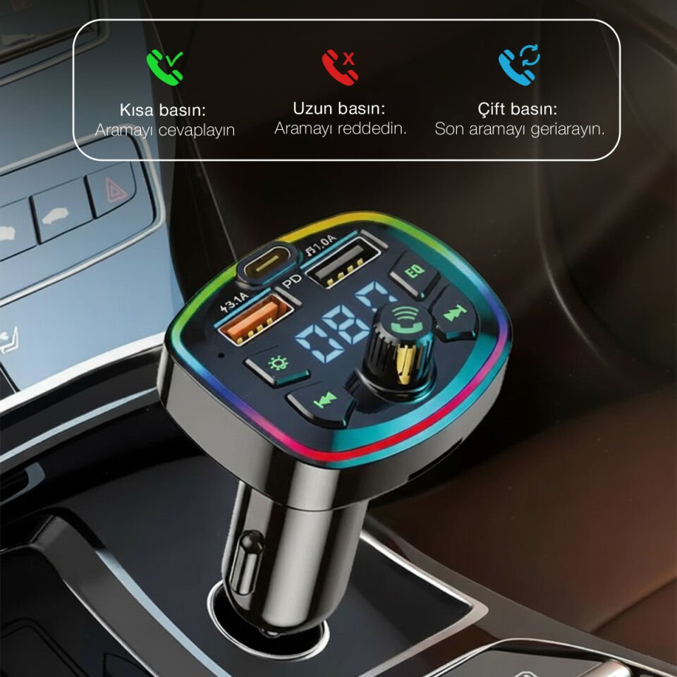 Bluetooth FM Transmitter Araç İçi Hızlı Şarj Adaptörü