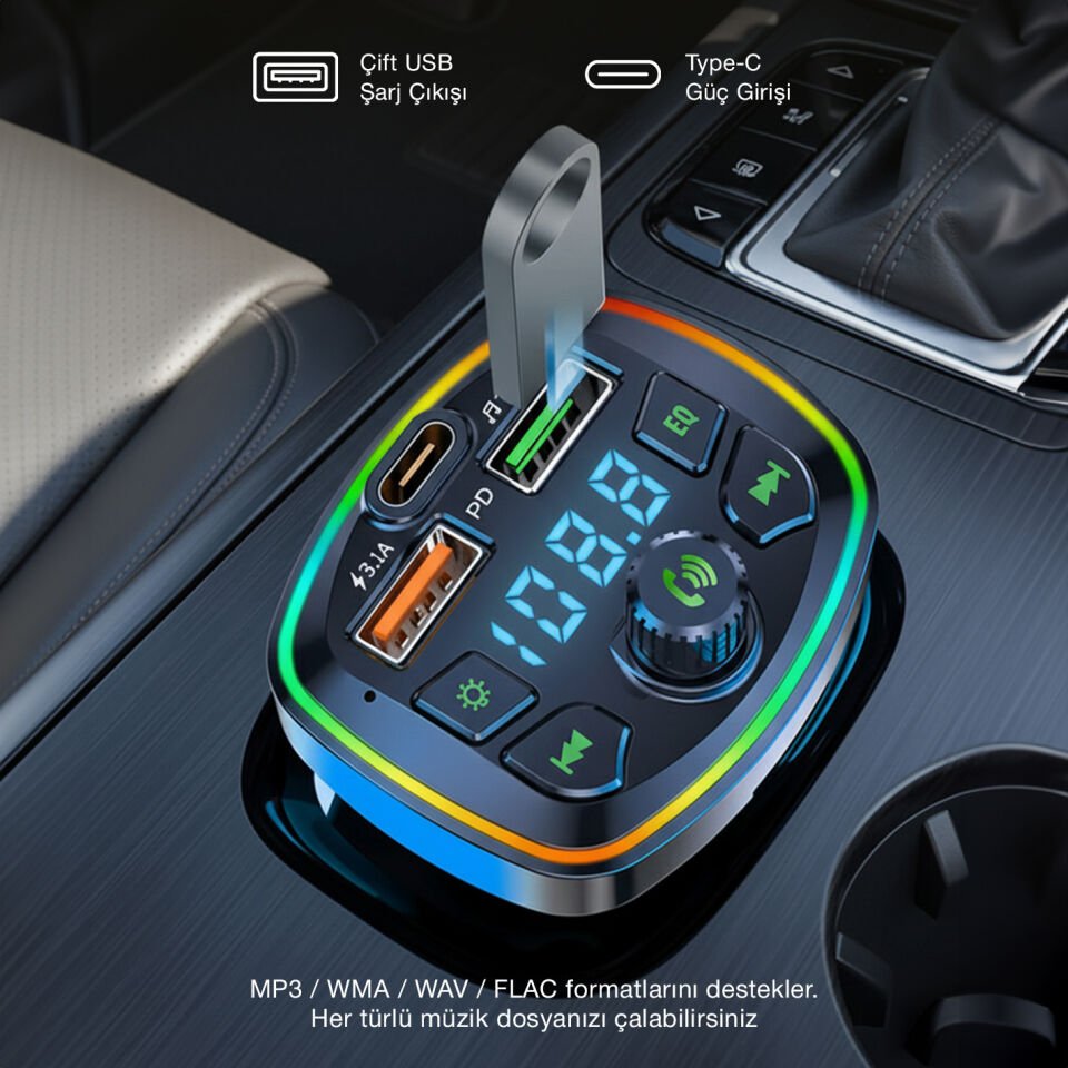 Bluetooth FM Transmitter Araç İçi Hızlı Şarj Adaptörü