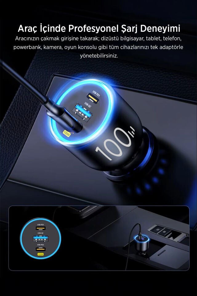 100W Süper Hızlı Araç İçi Şarj Adaptörü