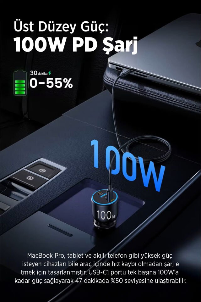 100W Süper Hızlı Araç İçi Şarj Adaptörü